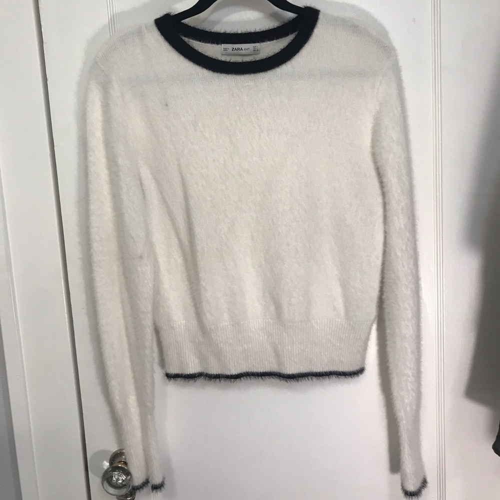 Fuzzy white with black trim Zara sweater